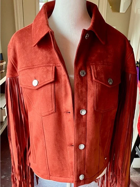 Juicy Couture Rust Red Fringe Leather Jacket - Picture 3 of 9